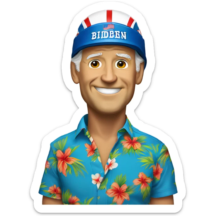 Joe Biden wearing a Hawaiian shirt wearing a football helmet sticker