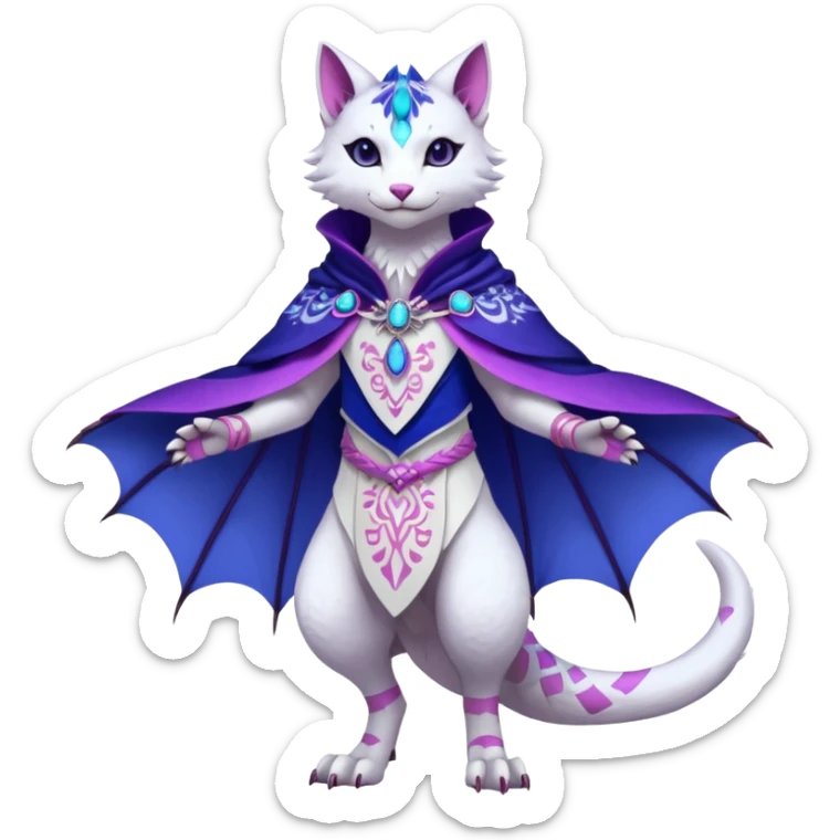 Kawaii white, indigo, purple, pink cute beautiful pretty elegant divine edgy feline-vernid-sergal-Haku-dragon-fursona-animal-creature, full body, with intricate detailed markings, Embroidered capelet, silken shawl sticker
