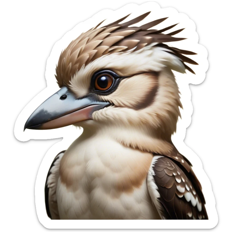 Cinematic Noble Kookaburra Portrait Emoji, Poised and regal, with a stout, robust build and a striking plumage of earthy browns and creams, a strong beak and deep-set soulful eyes, Simplified yet sharp and sophisticated features, highly detailed, glowing with a soft, dignified glow, high shine, intelligent and exuberant, stylized with an air of native woodland majesty, focused and attentive, soft glowing outline, capturing the essence of a watchful and confident bird, so majestic it feels as though it could laugh out of the screen with effortless authority! sticker