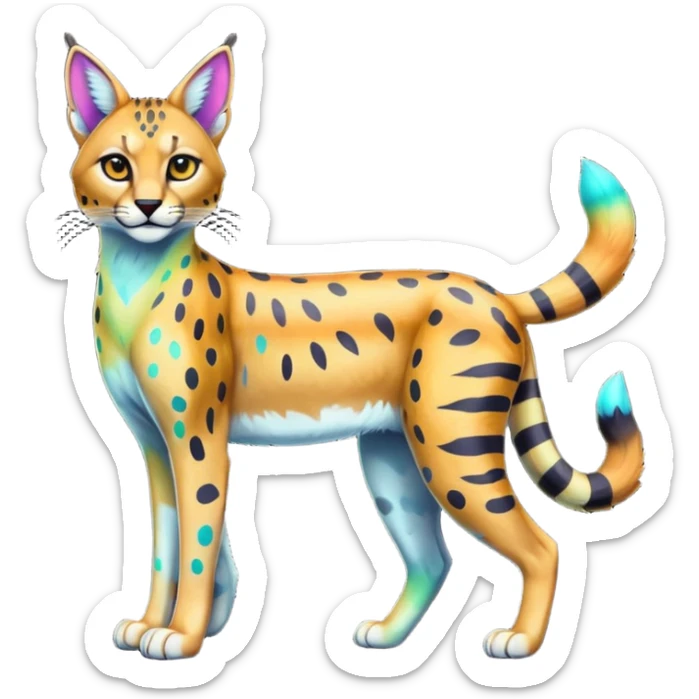 Colorful cartoon iridescent neon tropical exotic anime Striped and spotted Lynx-Caracal-Serval-hybrid full body sticker
