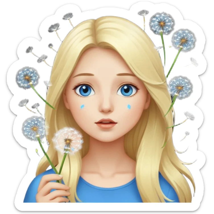 portrait woman long blonde hair blue eyes white skin blowing glowing dandelion seeds sticker