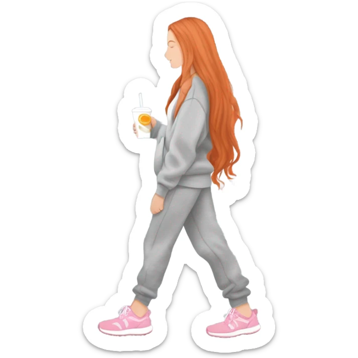 beautiful fair skin red orange long hair white girl light grey big sweatpants light grey big hoodie cozy Ugg shoes beautiful girly full body walking headphones side profile with a pink straw drink holding shopping bags sleepy cozy sticker