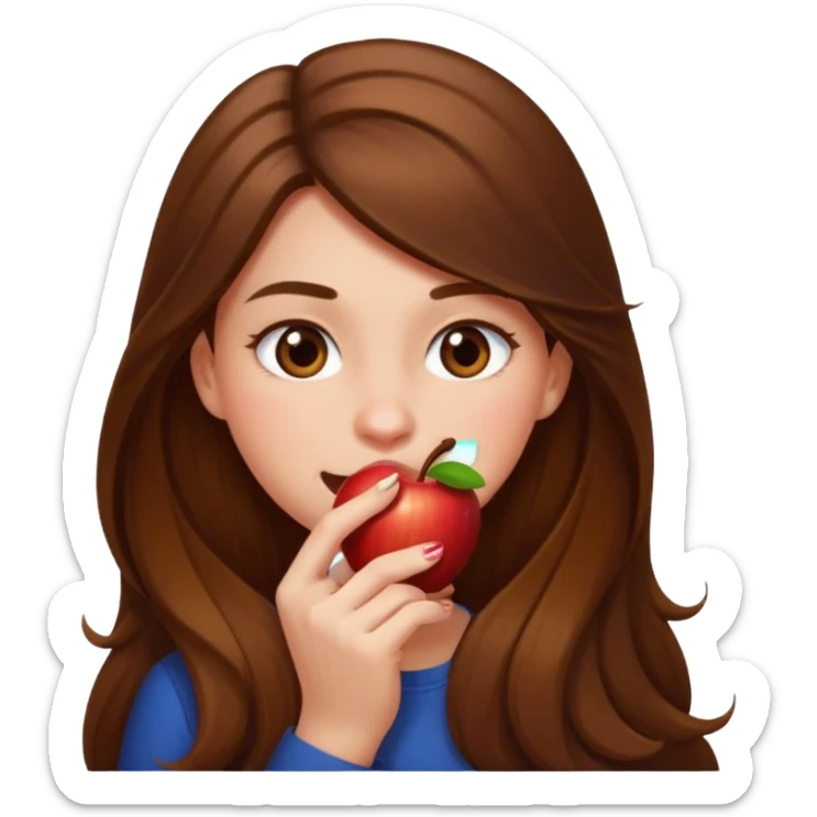 chica mordiéndose la uña, pelo largo y castaño, estilo emoji de Apple sticker