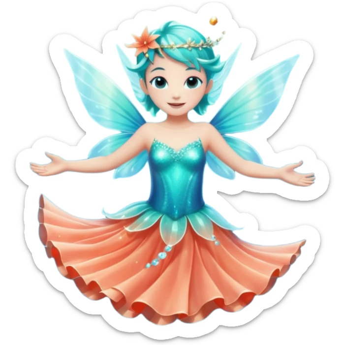 portrait of a small ocean fairy with translucent fins for wings, turquoise skin, coral-like dress, floating above water with sparkles around, joyful pose, front-facing, magical vibe sticker