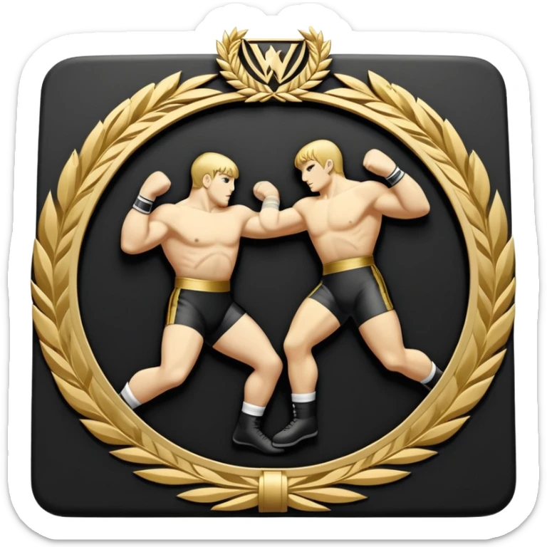 An icon symbolizing wrestling combat sports in the style of an emblem. The design features two wrestlers locked in a powerful grapple, one attempting to take the other down. Surrounding the scene are stylized elements like a championship belt, wrestling mat, and a laurel wreath.  sticker