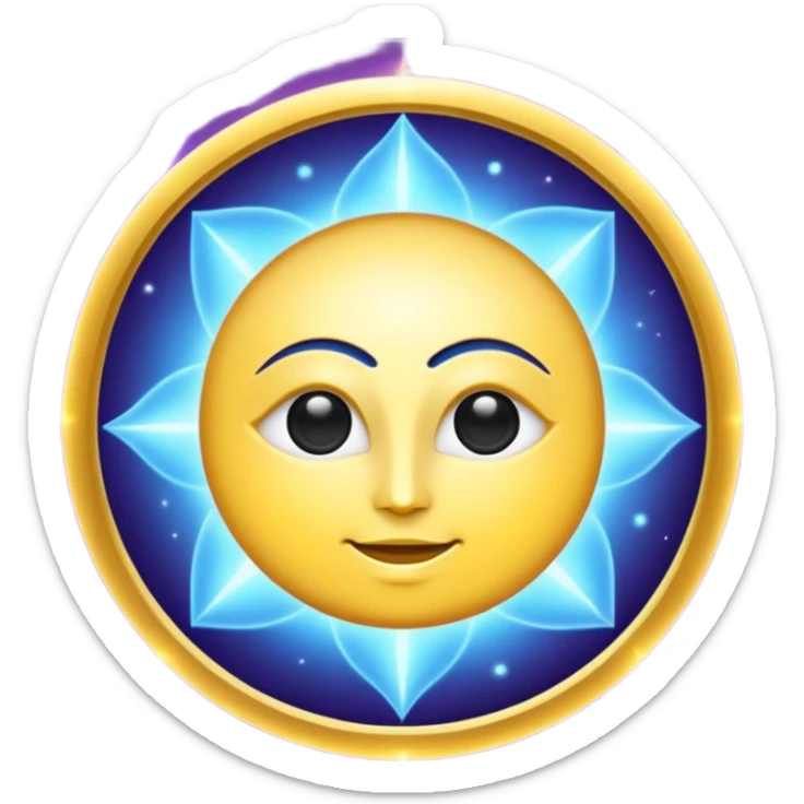 Create a minimal glowing emoji symbol of pure consciousness (Chetna) and formless God. Abstract divine energy, radiant light, infinity aura, cosmic spiritual vibe. No human form. Golden, blue, violet glow. Clean modern emoji style. sticker