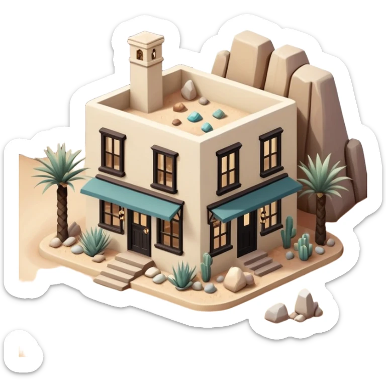 Isometric exterior little black, beige, and white southwestern desert rock and gem shop, dollhouse style 3D realistic  sticker