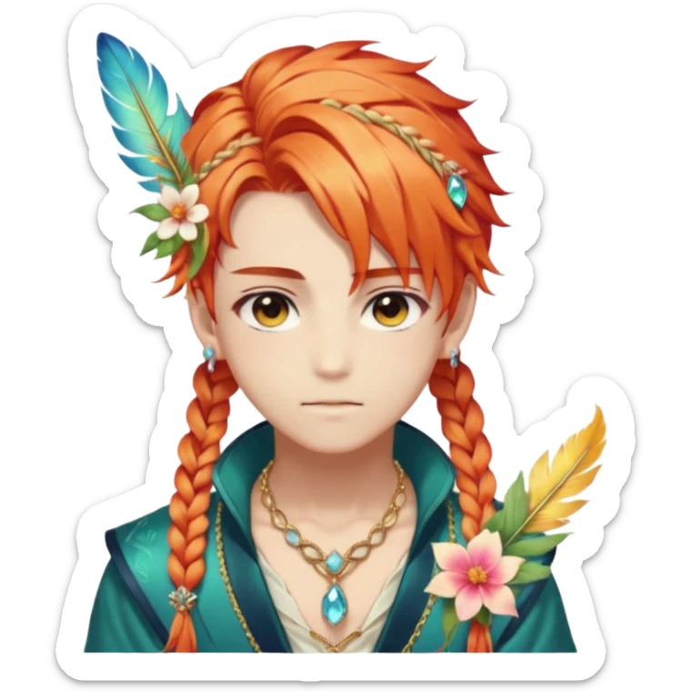 Beautiful gorgeous anime boy with beautiful fiery-special-braided-hair, fashion aesthetic, ethereal, fairycore, pastelcore, feather, flower, gems, accessories, jewelries, gold, colorful sticker