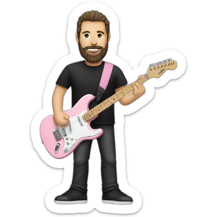 white man with dark beard and black t shirt and pastel pink stratocaster electric guitar sticker