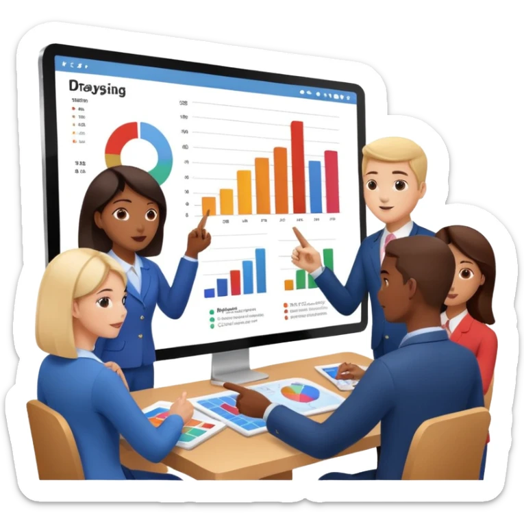 group of people pointing at a digital presentation screnn full of charts and graphs sticker