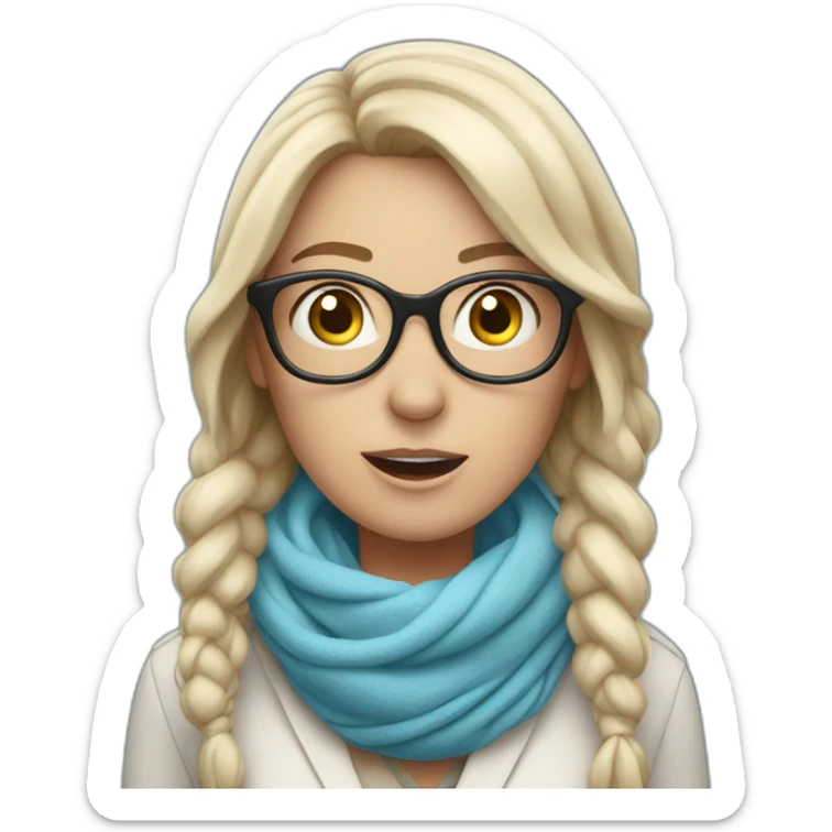 an astonished white woman with glasses and a sky-blue scarf tied around her face sticker