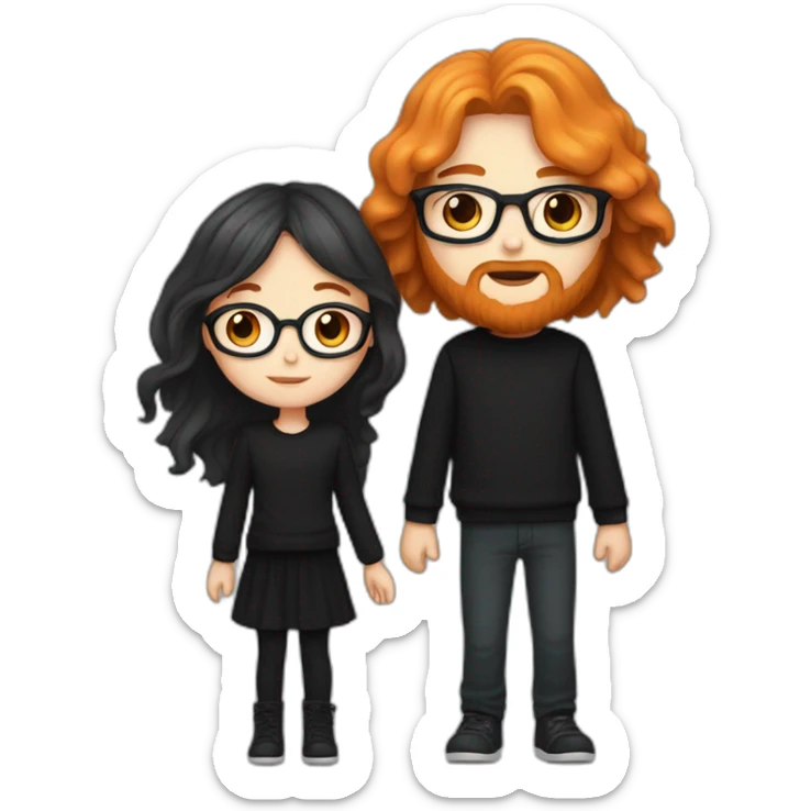 girl with long orange hair wearing no glasses and all black clothes and holding hands with boy with brown hair and beard and glasses and pale skin sticker