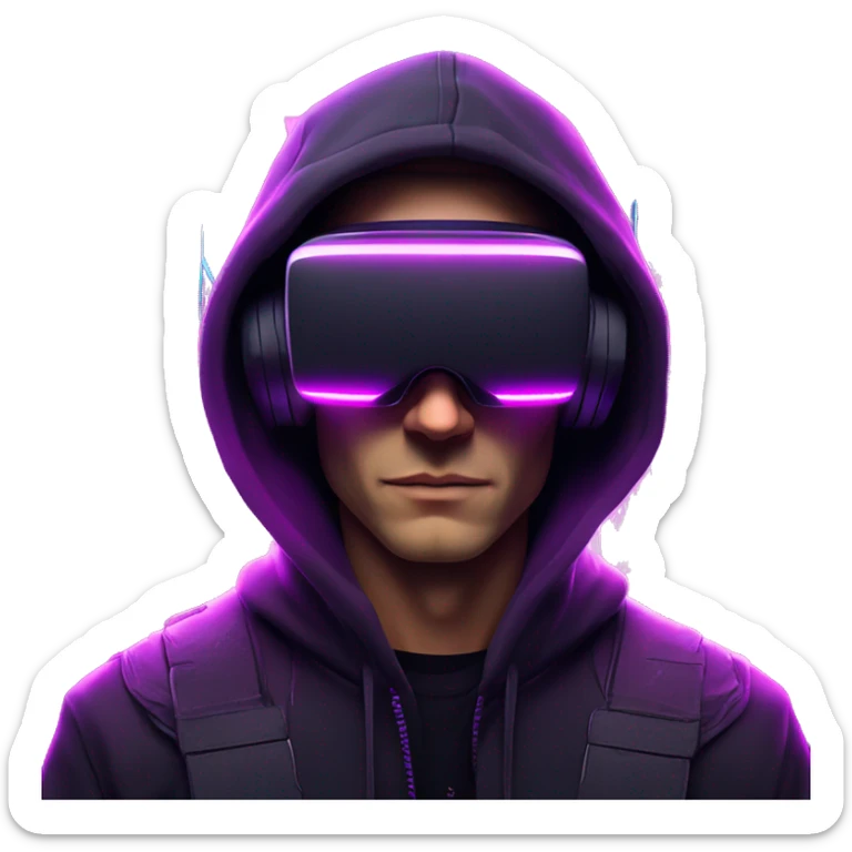 Russian man wearing a black hoodie with "OMG" letters on it and VR headset in a cyberpunk VR environment with violet neon lighting. sticker