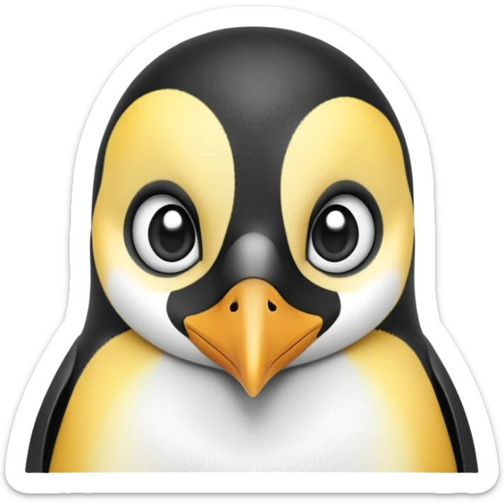 cinematic-adult-emperor-penguin-portrait-emoji,-head-tilted-playfully-and-inquisitively,-with-glossy,-pristine-plumage,-sparkling-eyes-filled-with-curiosity,-simplified-yet-irresistibly-adorable-features, black, large black eyes face sticker