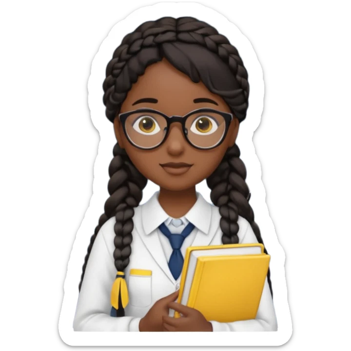 Girl student wearing uniform, glasses, hold yellow book in front of their chest, black braided hair, dark skin sticker