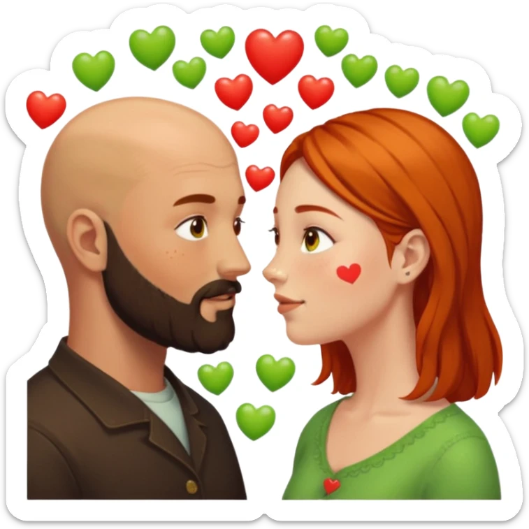 Couple. Bald man with dark brown-black beard. Woman with freckles, white skin and she has orange, auburn-yellow-brown hair. She has light yellow-green-brown eyes. He have hazel eyes. They look at each other. Many small red hearts around them. sticker