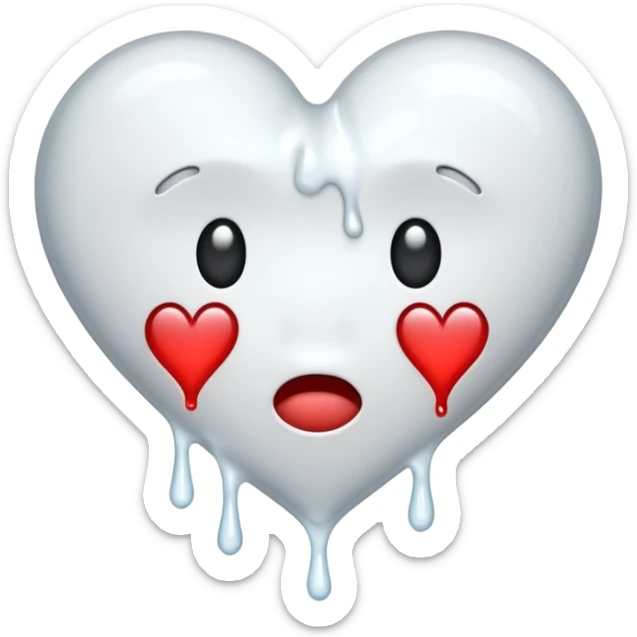 The broken heart emoji in white with sticky white liquid Ozzing out of it sticker