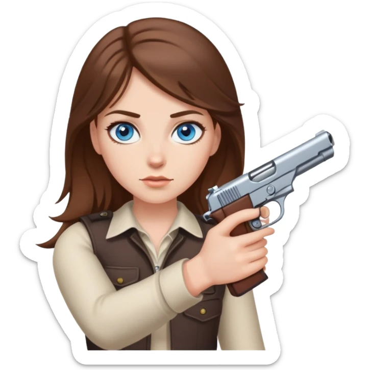 White girl with blue eyes and brown hair holding gun sticker