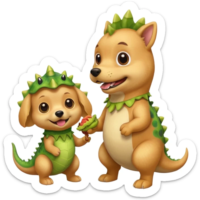 a golden retriever with a dinosaur costume thats eating a chihuahua thats in a dinosuar costume sticker