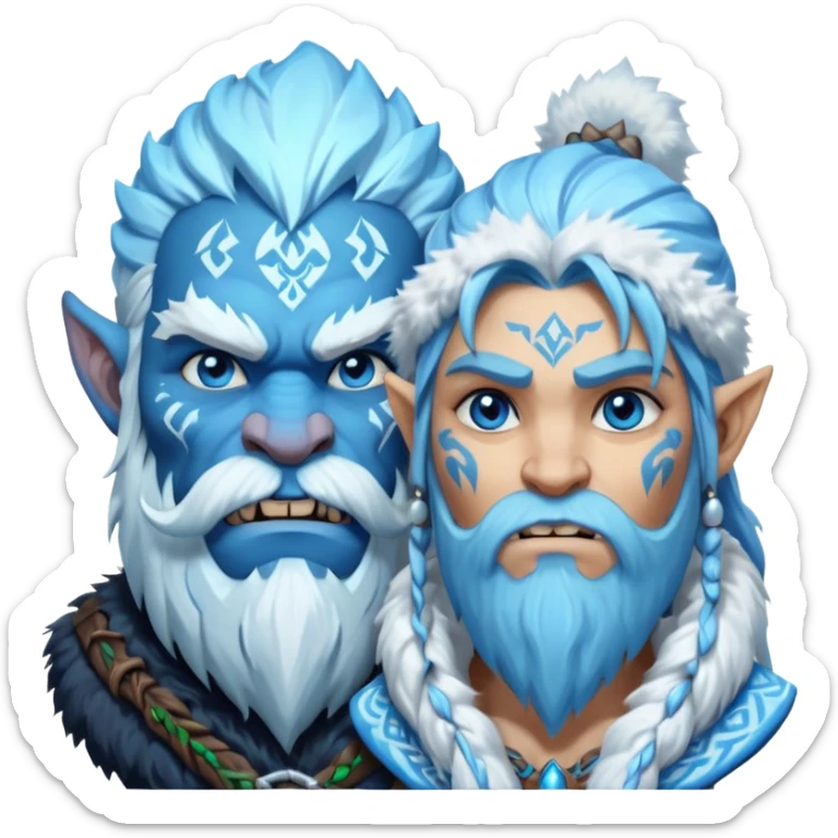 Legendary fantasy orc Christmas portrait icon, Frostfather and Snow Maiden inspired, primal winter god style, massive icy beard, glowing blue eyes, heavy fur coat, tribal frost runes, powerful brutal presence, blizzard atmosphere, clean stylized emoji icon
 sticker