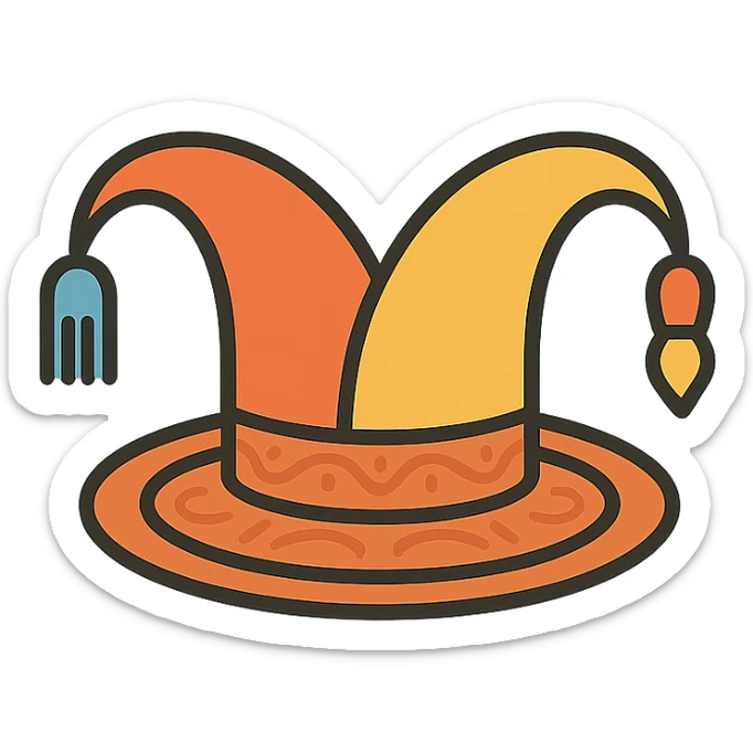 minimalist branding logo of a jester's hat with a fork and a paintbrush as two bells, sitting on a round plate with subtle ceramic patterns, warm inviting flat colors, playful yet professional, creative culinary and pottery workshop sticker