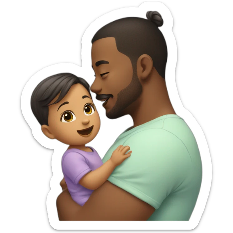 Baby girl of one and a half years old with short hair with a ponytail In his dad's arms, throwing a kiss sticker
