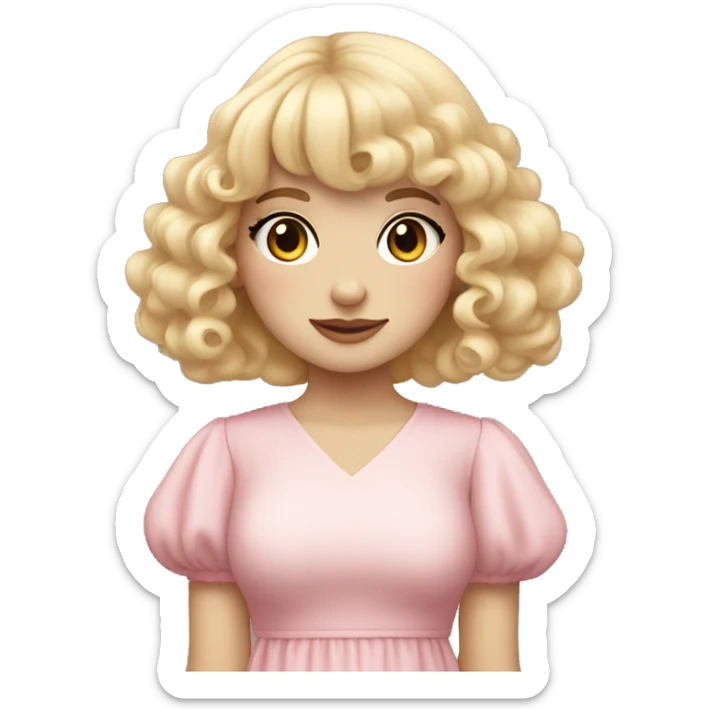 pale girl with bangs and long blonde curly hair and a pastel pink puff sleeve dress sticker