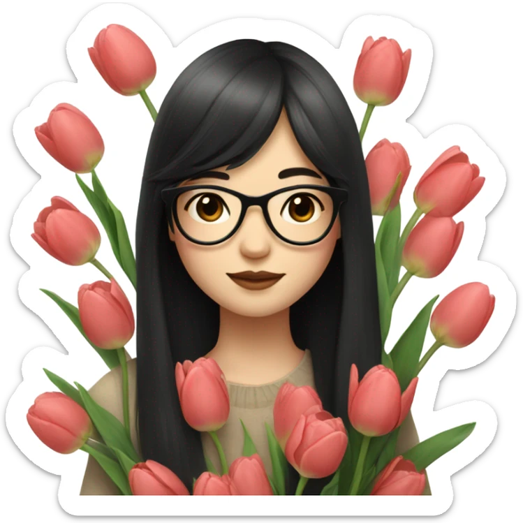 asian pale skin girl with long black hair and bangs and glasses holding tulips sticker