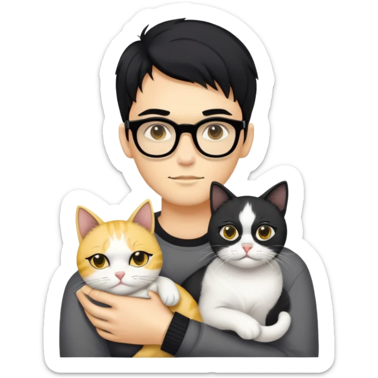 A young man with a long face and warm yellow-toned skin, black hair, wearing a pair of black glasses, cradling a grayish-white cat sticker