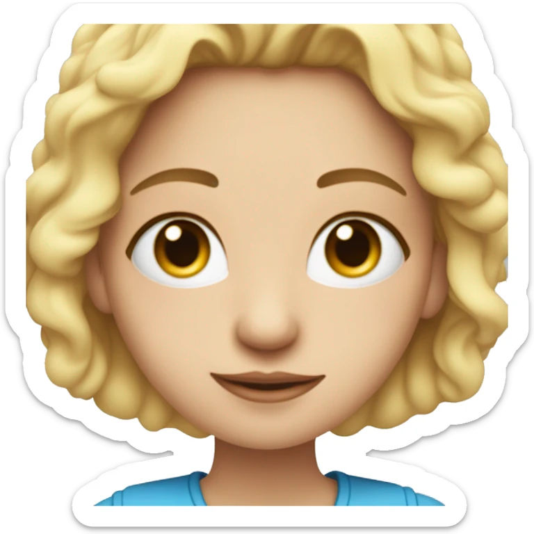 Crea un emoji de una chica con pelo lacio rubio hasta los hombros piel blanca pecas ojos azules y una remera celeste que está leyendo un libro sticker
