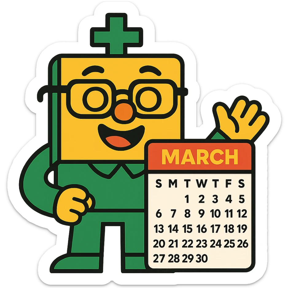 cheerful math mascot with glasses, green clothing, and March calendar details sticker