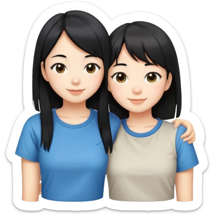 Two cute Japanese girls with straight black hair wearing modern Western clothes like t-shirts, faces pressed together cheek to cheek, smiling happily sticker