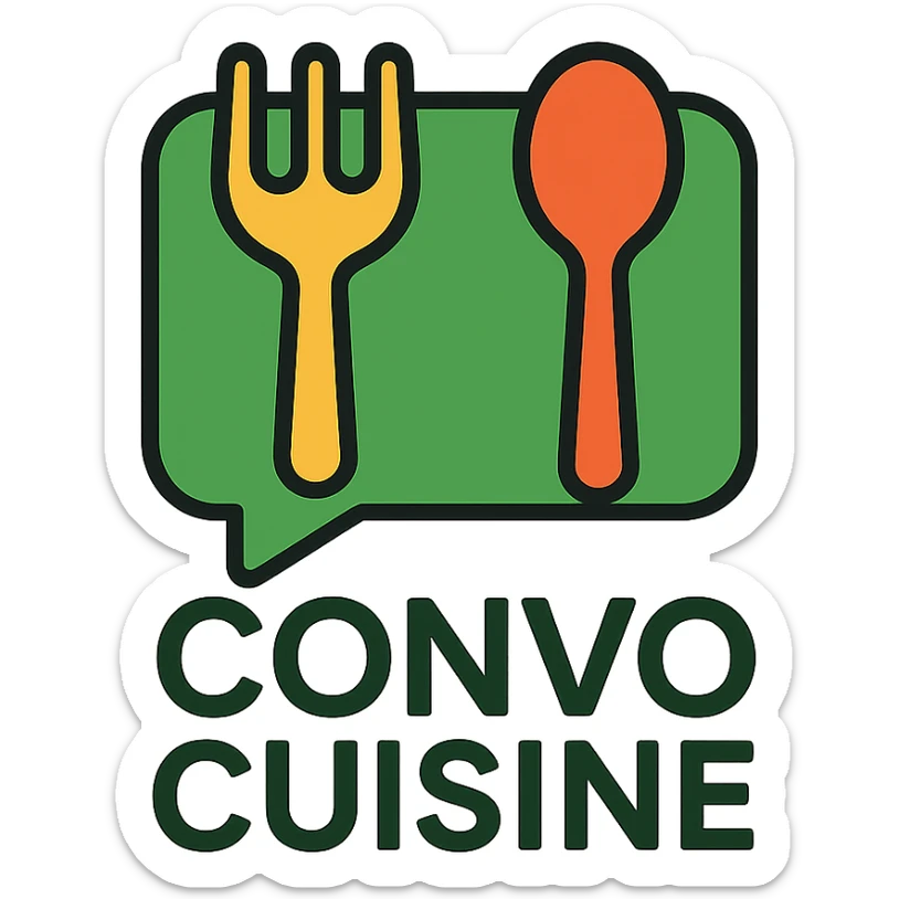 green playful logo for Convo Cuisine recipe book with chat bubble and utensils sticker