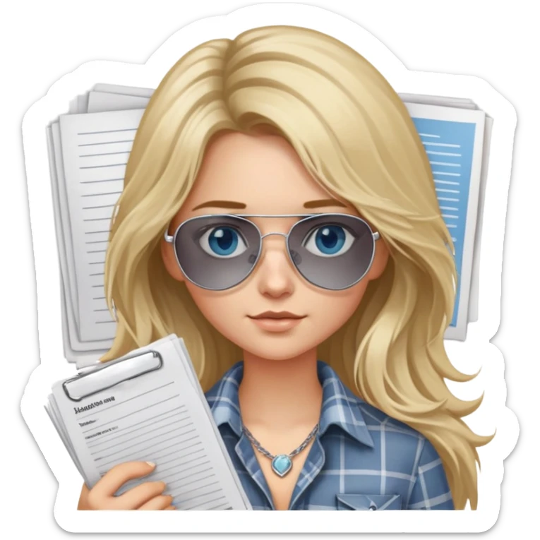 girl with long blond messy hair wearing grey plaid shirt with blue eyes and aviator sunglasses wearing a ring on her silver necklace, holding lawyer papers sticker