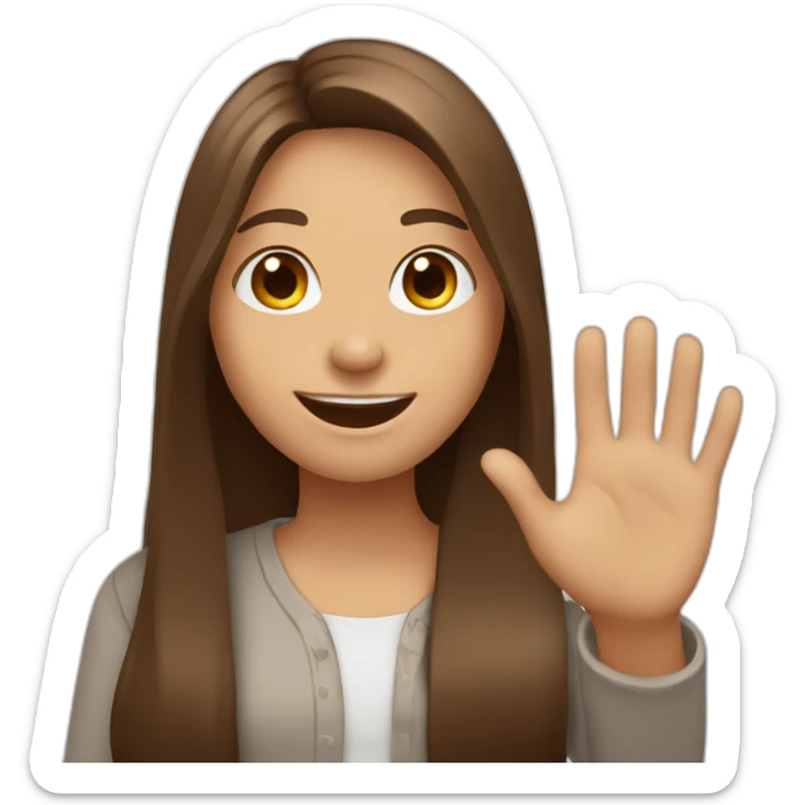 Girl with brown, long and straight hair smiling kindly and waving with the left hand sticker