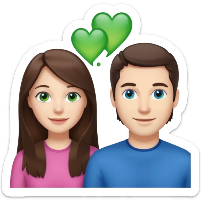 “A pink Polaroid-style photo of a couple: a white woman with long brunette hair and blue eyes, and a white man with short brunette hair and green eyes.” sticker