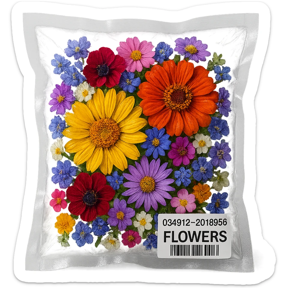 variety of small flowers in different colors, glossy, vacuum-sealed style sticker