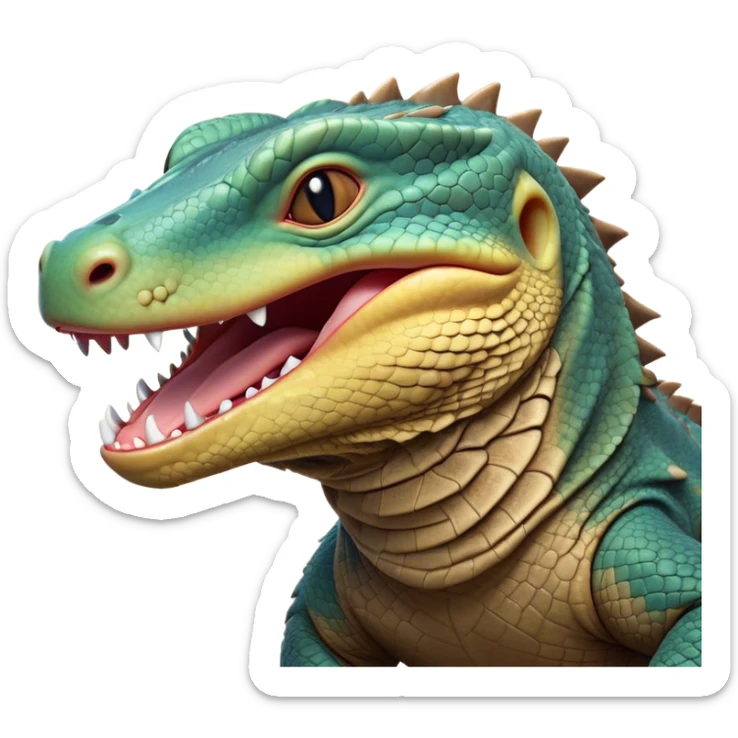 Cinematic Cute Yawning Komodo Dragon Lizard Portrait Emoji, Head slightly angled in a dramatic, wide-open yawn, showcasing rugged, textured scales and sleepy, half-closed eyes, Simplified yet irresistibly adorable features, highly detailed, glowing with a soft, cozy glow, high shine, relaxed yet expressive, stylized with a hint of whimsical wildness, soft glowing outline, capturing the essence of a drowsy yet endearing reptile that appears ready to stretch out for a nap! sticker