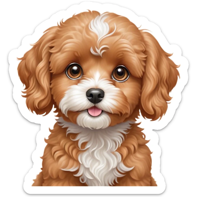 Cinematic Cute Apricot Cavoodle Portrait Emoji, Head tilted playfully and inquisitively, with a fluffy curly apricot coat adorned with subtle white patches, round, sparkling brown eyes filled with curiosity, Simplified yet irresistibly adorable features, highly detailed, glowing with a warm, friendly glow, high shine, affectionate and lively, stylized with a touch of whimsy, bright and endearing, soft glowing outline, capturing the essence of a mischievous yet loving companion, so playful it feels like it could bound out of the screen and into your arms! sticker