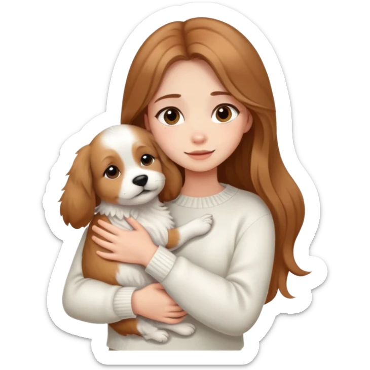 a girl with long light brown hair, in a white sweater, hugs a cute one dog. sticker