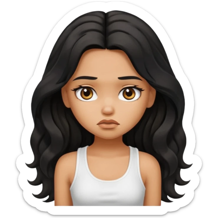 a pretty tan bratz girl with long wavy black hair, wearing a white tank topi. looking sad sticker