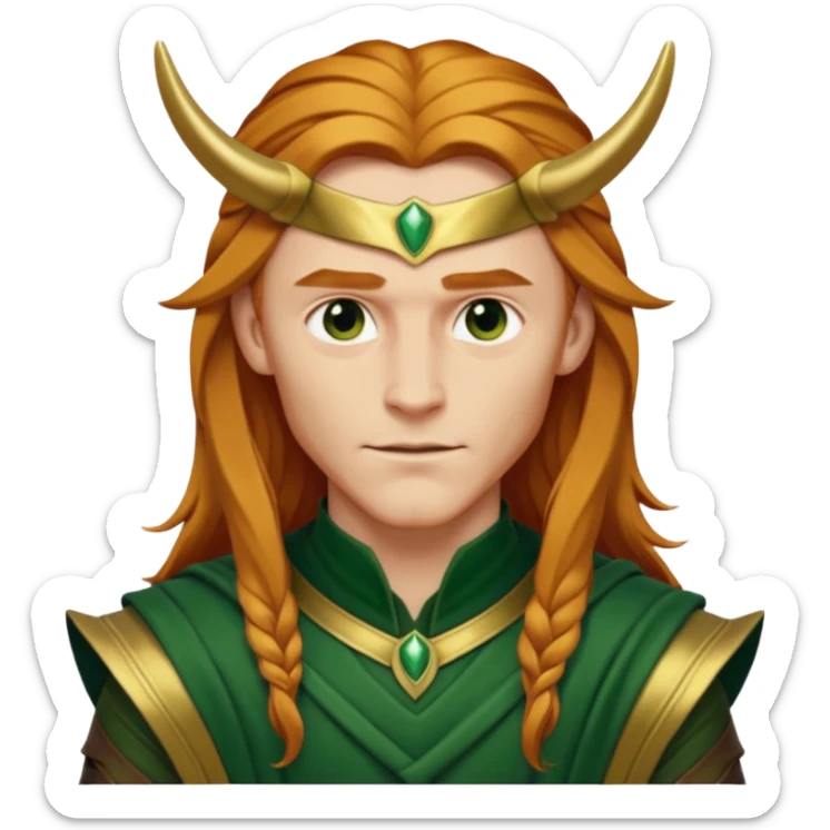 Loki, God of Mischief from Gods and Goddesses with long reddish blonde hair, gold and dark green outfit sticker