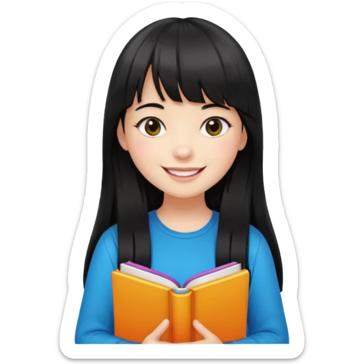 lecture girl with straight bangs fringe long black color hair with color book sticker
