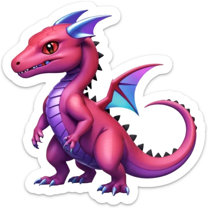 Cute Shiny Violet iridescent Guilmon-Salandit-Fakémon-hybrid-creature (full body)  sticker