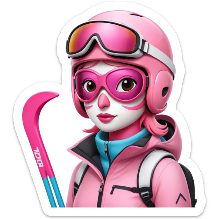 A female Skiing Flamingo with ski helmet, ski goggles , ski and ski boots. One head and two legs sticker