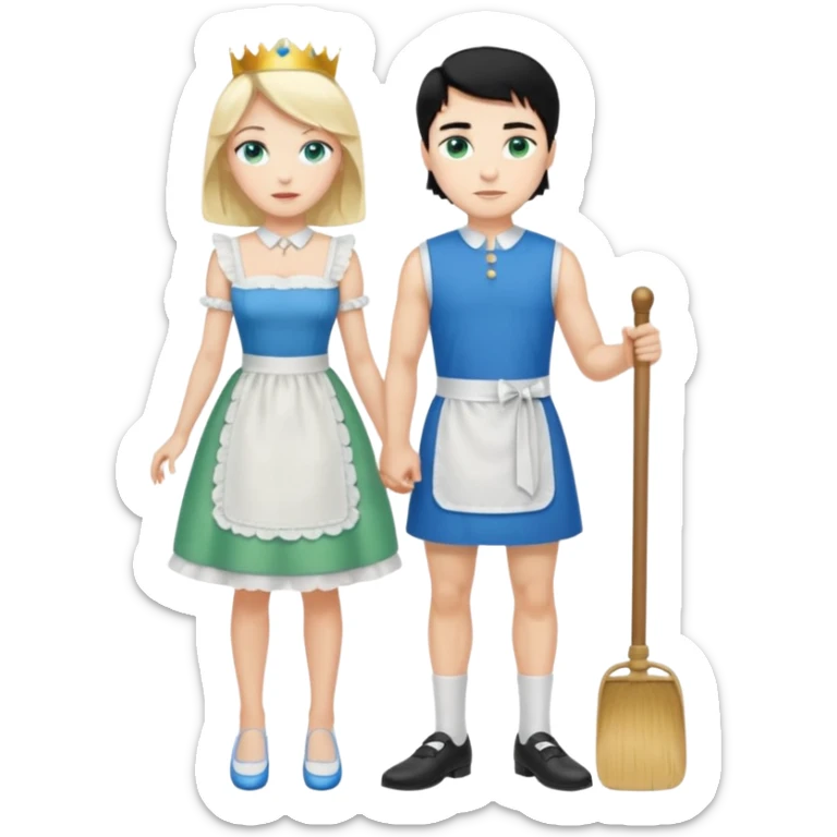 King, black hair, body, legst, blue eyes, shoes, maid blonde hair, green eyes, sexy short sleveless White dress, shoes sticker
