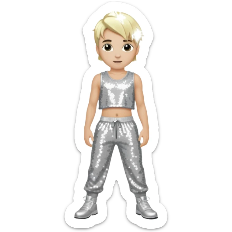 Aaron Carter with blonde hair, silver sequin crop top, silver sequin baggy pants sticker