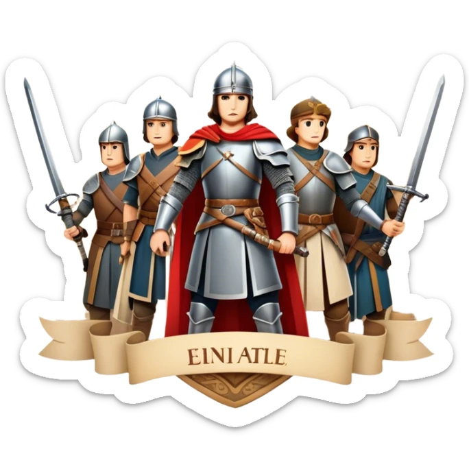 Icon for Historical Movies: A vintage movie poster-style design with elements of ancient architecture, historical figures in period costumes, and a backdrop of a historical event or battle. Include scrolls, swords, and shields. Retro cinematic feel. Transparent background. sticker