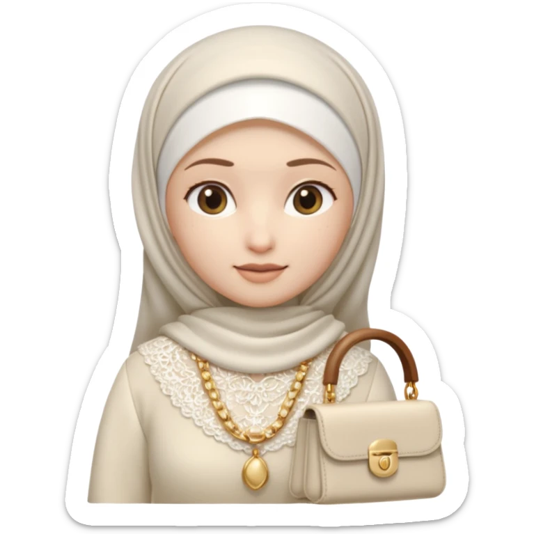 female memoji character, iPhone style, wearing white hijab, white lace top, pleated long skirt, cream handbag with gold chain, soft 3D shading, cute expression, no background, transparent PNG sticker