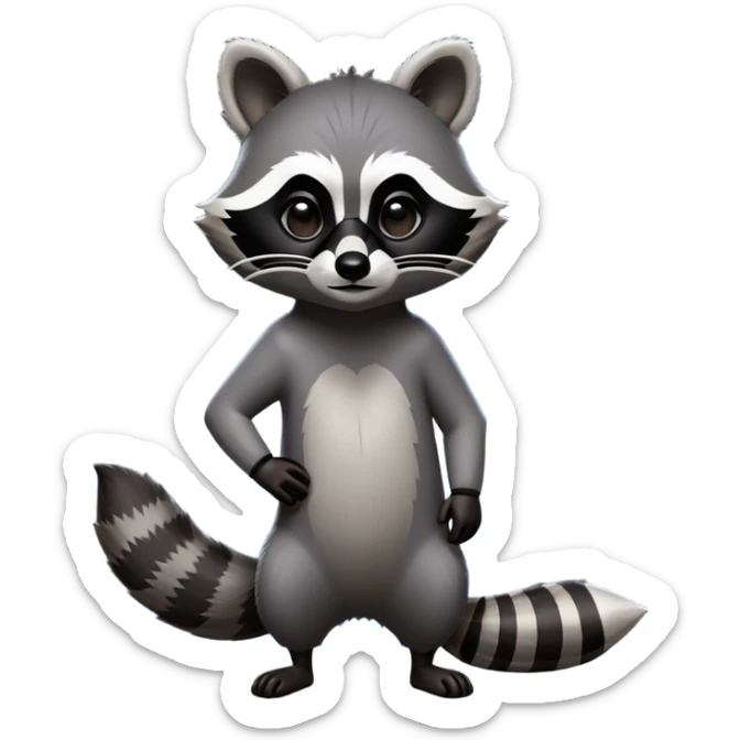 Cinematic-Raccoon-Realistic-Full-Body-Standing-Emoji – Tail flicking lazily, head tilted dramatically, thick grey fur with a signature black mask, sharp and alert ears, simplified yet realistic focused features, highly detailed, glowing with an almost sarcastic glow. sticker